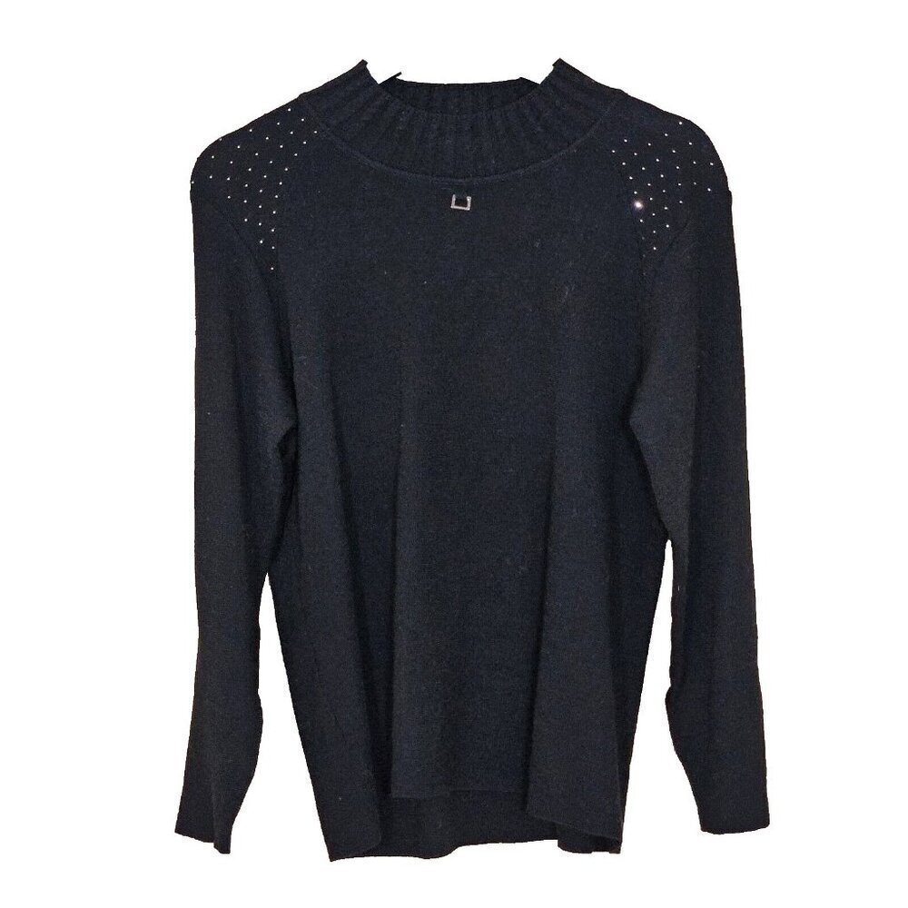 Vtg Wool Sweater Women L Black Italy LS Fairy Grunge Mobwife Rhinestones FLAW